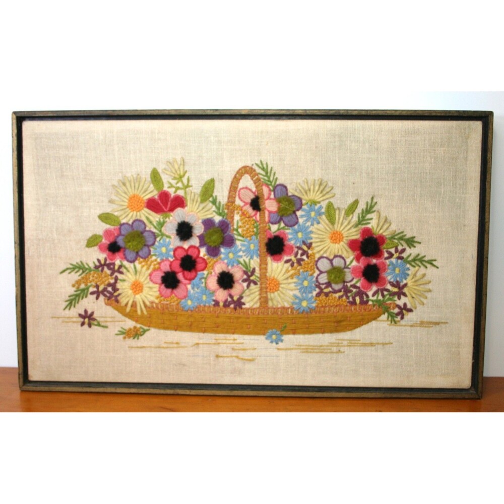 Crewel Embroidery Flowers Basket VTG MCM Framed 25”x 15” Groovy 1970s Pompoms